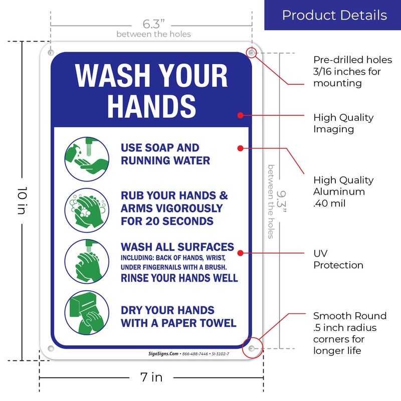 Sigo Signs Hand Washing Sign, 10x7 Inches, Handwashing Instruction Sign, Rust Free 0.40 Aluminum, Fade Resistant, Easy Mounting, Indoor/Outdoor Use, Made in USA - Image 3